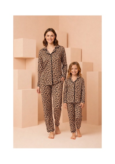 Rindahomewear Anne-kız Leopar Desenli Düğmeli Örme Uzun Kollu Pijama Takımı Kahverengi