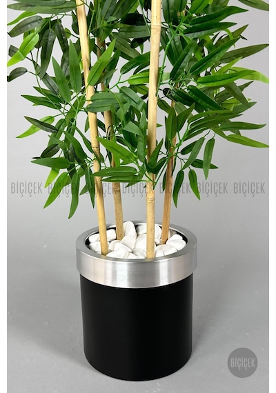 Yapay Bambu Ağacı 140cm Siyah Gümüş Metal Saksıda Siyah-silver