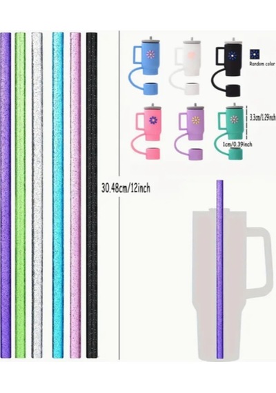 1 Adet Stanl. 40 Oz Tumb. Termos Için Parıltılı Pipet Ve Pipet Kapağı Tıpası, 30,5cm Boy/10mm Çap Mor