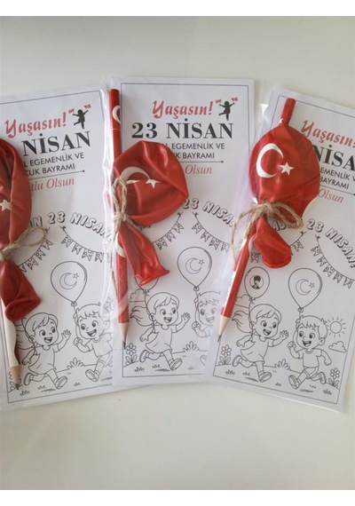 23 Nisan Boyama Kartı Türk Bayraklı Balon Ve Kalem 30 Adet Çok Renkli