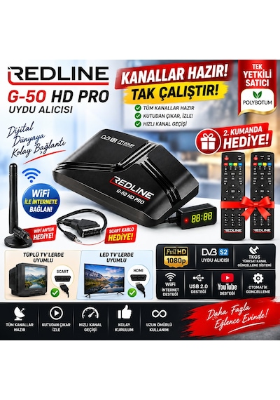 Redline G-50 Hd Pro Full Hd Uydu Alıcısı 2 Adet Kumanda Tkgs Wifi Youtube 5000 Kanal Tak Çalıştır