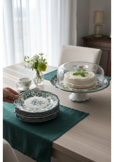 Akayev Porselen Vintage Green 8 Parça Pasta Seti