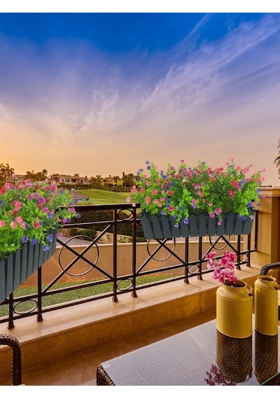 Yapay Çiçek Siyah Çit Balkon Saksısı Renkli Mineli Şimşir Çiçekli 55 35cm