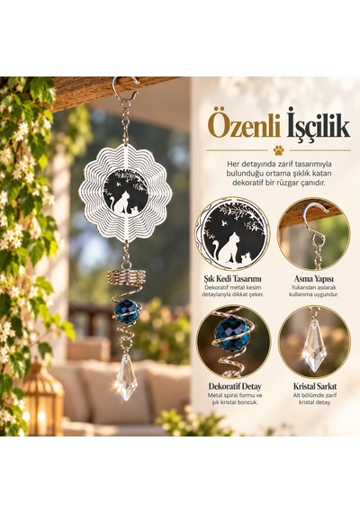 Kedi Desenli Rüzgar Çanı 36 Cm Metal Kristal Sarkıtlı Dekoratif Balkon Bahçe Asma Süsü