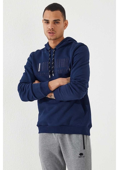 Tommy Life İndigo Nakışlı Kanguru Cep Standart Kalıp Kapüşonlu Erkek Sweatshirt - 87839 Indıgo