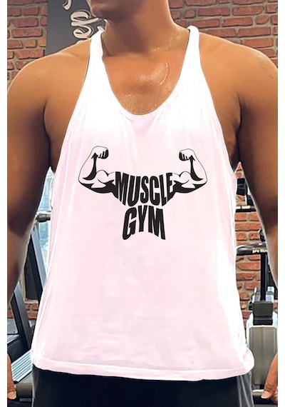 Bluu Muscleg Gym Fitness Tank Top Sporcu Atleti Beyaz