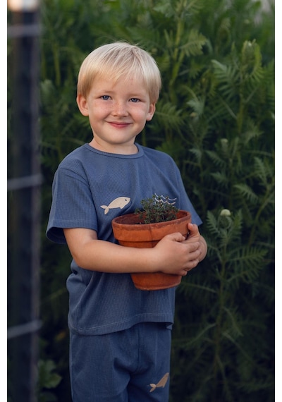 Antebies Bambu, Sustainable, Mavi,balık Nakışlı Kısa Kollu Erkek Çocuk Tshirt Şort Takımı Lacivert