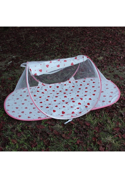 Çantalı Katlanabilir Bebek Cibinlik Gölgelik Çadırı 60x120 Cm Kalp Desenli, Sinek Ve Haşere Koruma