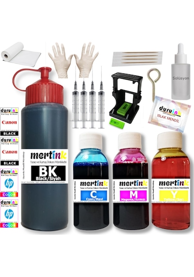 Mertınk Canon Ts3750i Pg-575 Cl-576 Kartuş Dolum Seti 500ml Siyah+3x100ml Renkli Mürekkep