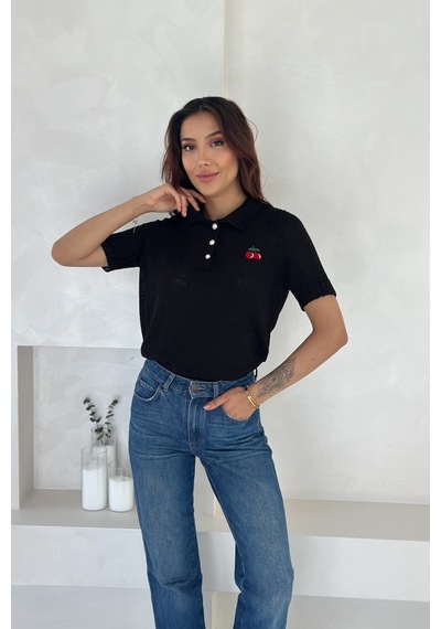 Femelle Kadın Standart Beden Siyah Triko Bluz Gold Düğme Detaylı Standart Beden