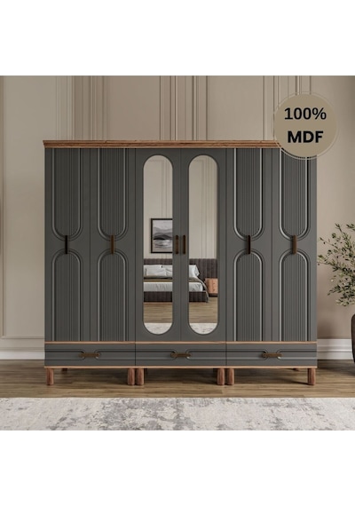 Zen 6 Kapak Ayaklı Tasarım Country Mdf Gardırop Antrasit