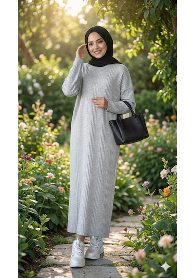 Sonbaharmoda Kadın Uzun Triko Elbise %100 Akrilik Bisiklet Yaka Rahat Ve Şık Kışlık Model Gri