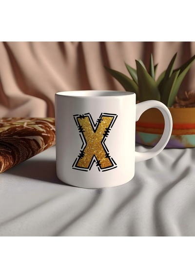 X Harfi Gold Simli Kupa Işıltılı Alfabe Harf Tasarımlı Kahve Kupası - Kişiye Özel Hediye Beyaz