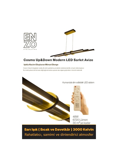 Cosmo Gold Lineer Led Sarkıt Avize Kumandalı Dim Edilebilir Yukarı & Aşağı Işık Sarı Işık