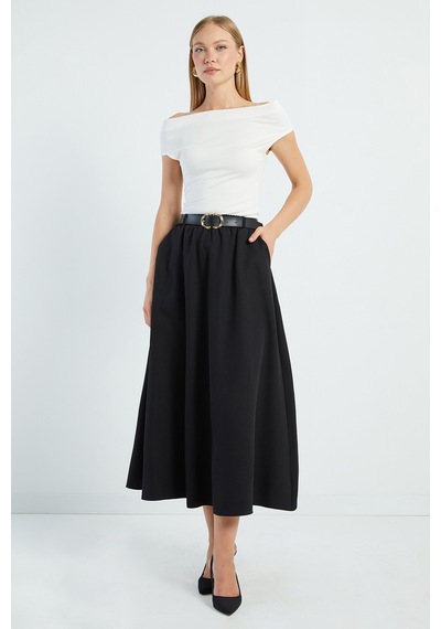 Fullamoda Beli Kemerli Maxi Boy Etek Siyah