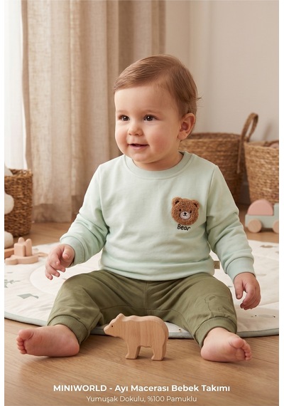 Deniva Kids Erkek Bebek Ayıcıklı Pamuklu Kışlık/bahar Mevsimlik Alt Üst Takım - 9 - 12 Ay Haki