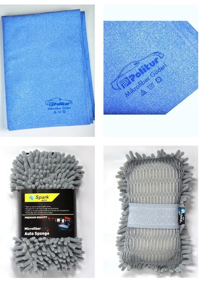 Polikur 3356 Mikrofiber Güderi Oto Kurulama Bezi Ve Spark 7040 Şönil Oto Yıkama Süngeri 2'li Set