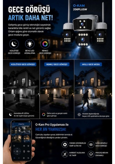 O-kam Ok-206w Wifi 12mp 4 Lens Aov Sirenli Gece Görüş Sesli Akıllı Güvenlik Kamerası Kişi Takibi Adaptör li
