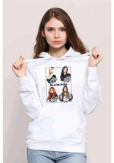 Kpop Blackpink Black Pink Baskılı Kadın Kapüşonlu Beyaz Sweatshi