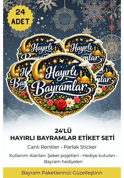 24'lü Hayırlı Bayramlar Etiket Seti Parlak Sticker Çok Renkli