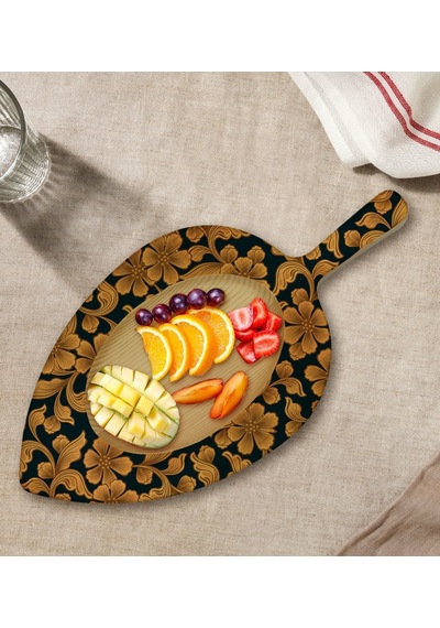 Bk Gift Retro Motif Tasarımlı Yaprak Şeklinde Doğal Ahşap Servis Ve Sunum Tabağı Model 17