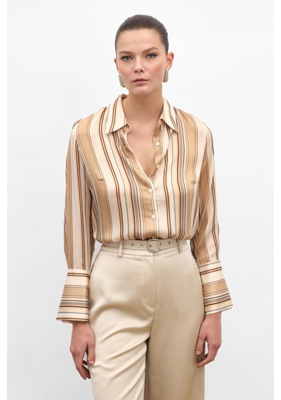 Sateen Renkli Çizgili Gömlek - Camel-136814 CAMEL