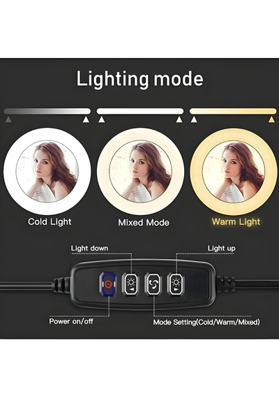 Ring Light 26cm Halka Işık + Tripod Ayak Bluetooth Uzaktan Kumandalı 3 Işık Modu & 10 Parlaklık Seviyesi Usb Bağlantılı Telefon Tutuculu Fotoğraf Ve Video Çekim Işığı Ring