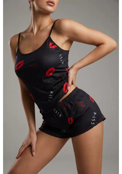 Öpücük Desenli Siyah Askılı Şortlu Kadın Pijama Takımı Tm1358saa