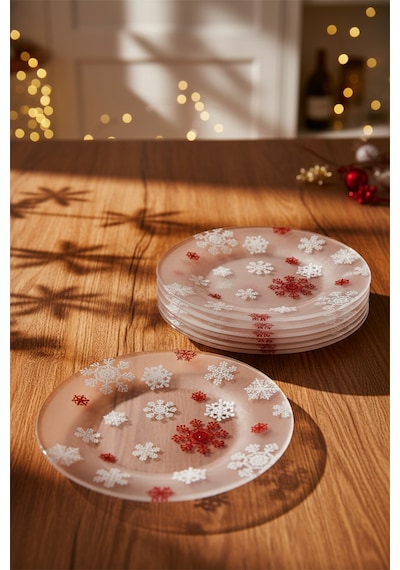 Crystal - 6'lı Cam Pasta Tabağı Kahvaltı Tabağı Seti Cam Tabak Yılbaşı Seti 19 cm