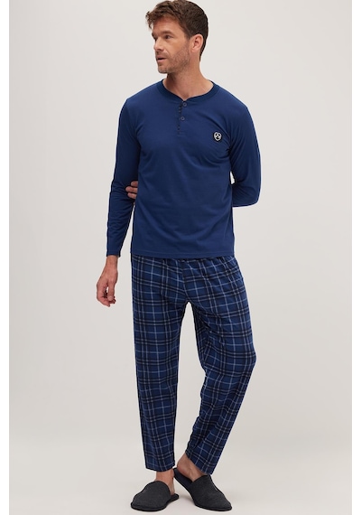 Tudors Erkek Regular Fit Pamuklu Düğmeli Yaka Beli Lastikli Desenli İndigo Pijama Takımı-39789