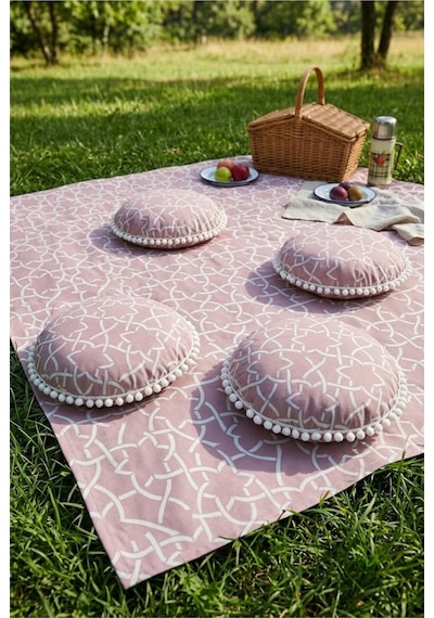 Piknik Örtüsü Seti 4 Minderli Büyük Boy 170x170 Cm Ponponlu Bahçe Ve Plaj Örtüsü Pembe Çok Renkli