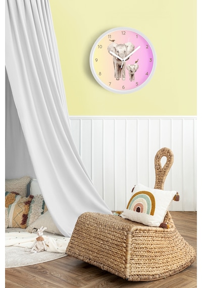 Sevimli Fil Temalı Modern Duvar Saati - 42cm - Önü Camlı Beyaz Kasa - Sessiz Mekanizma Beyaz