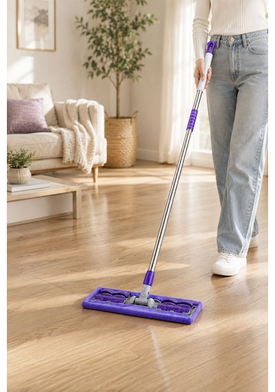 1 Adet Yedek Bez Hediyeli Yer Mopu Fayans Duvar Yüzey Temizlik Mikrofiber Mandallı Mop Mor