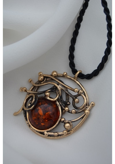 Stoneage Sikma Kehribar Özel Tasarim Kolye Bronz