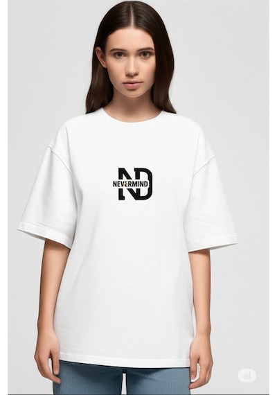 Nevermind Oversize Tişört Kadın "nevermınd" Baskılı Geniş Kalıp T-shirt U Beyaz
