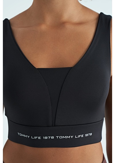 Tommy Life Siyah Yazı Baskılı Renk Bloklu Dar Kalıp Dalgıç Kumaş Kadın Büstiyer - 97271 Siyah