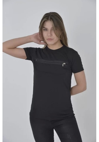 Göğüste Fermuar Aksesuarlı Dar Kalıp T-shirt - Siyah