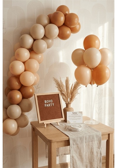 Boho Toprak Tonları Süsleme Deluxe Set Kahve Keçe Yazı Panosu Standlı Pompa Balon Zincirli 7 Li Şeffaf Balon Standlı 1 - 12 Yaş