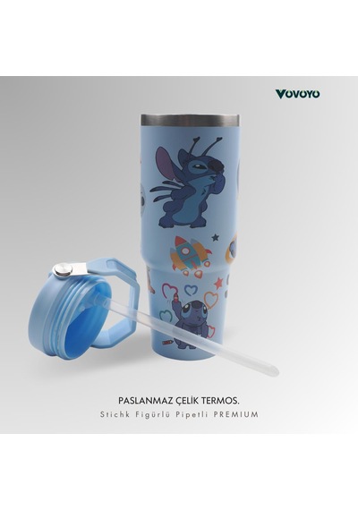Figürlü Premium Paslanmaz Çelik Termos Mavi