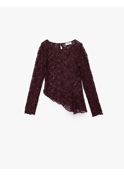 Koton Uzun Kollu Bisiklet Yaka Asimetrik Kesim Dantel Bluz Bordo 6wkg60113ak Bordo