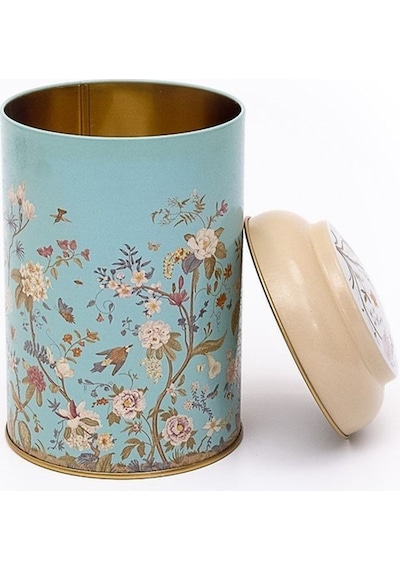 Flora Blue Desenli Yuvarlak Metal Saklama Kabı, 10,5 X 15 Cm, 1,1 Lt Desenli