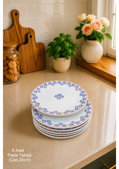 Ottoman 6 Kişilik Seramik Pasta Tatlı Tabağı Takımı - 20cm Mavi
