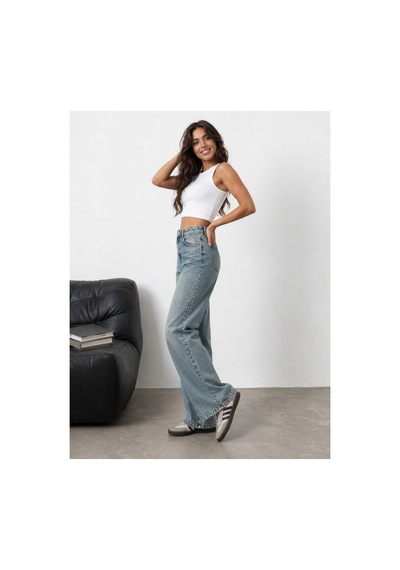 Kene Jeans Yeşil Tintli Tam Kalıp Yüksek Bel Straight Denim Pantolon Yeşil Tint