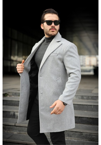 Slim Fit Astarlı Uzun Kaşe Kaban Orta Gri