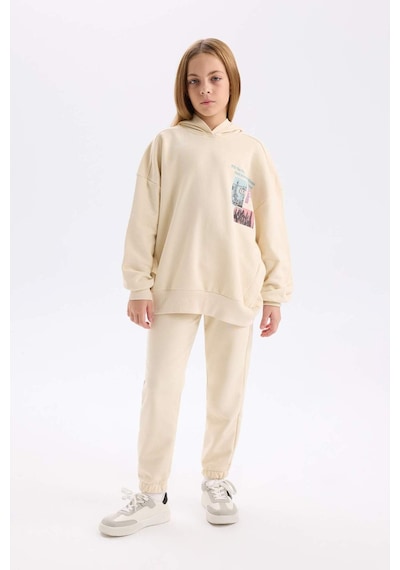 DeFacto 	Kız Çocuk 2'li Takım Bisiklet Yaka Baskılı Sweatshirt Beli Lastikli Jogger Eşofman Altı D4057A824WNER42 Ekru