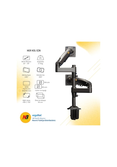 Nb Ergonomic Nb H180 Yeni 17-35" Çift Kol Amortisörlü 2-9 Kg Monitör Standı 2026 Versiyon