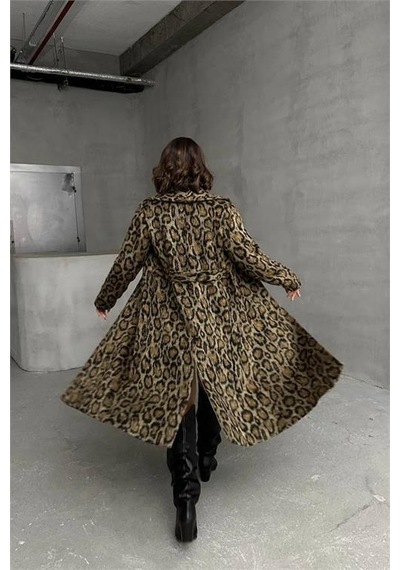 Dip Moda Kadın Leopar Desenli İthal Kaşe Kaban Dpnbg054 Çok Renkli