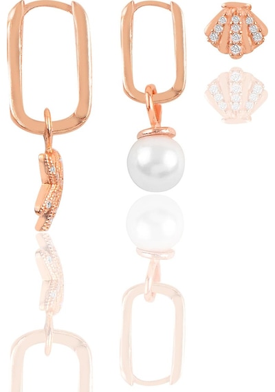 Söğütlü Silver Gümüş Rose İnci Ve Zirkon Taşlı Deniz Kombin Üçlü Küpe Seti