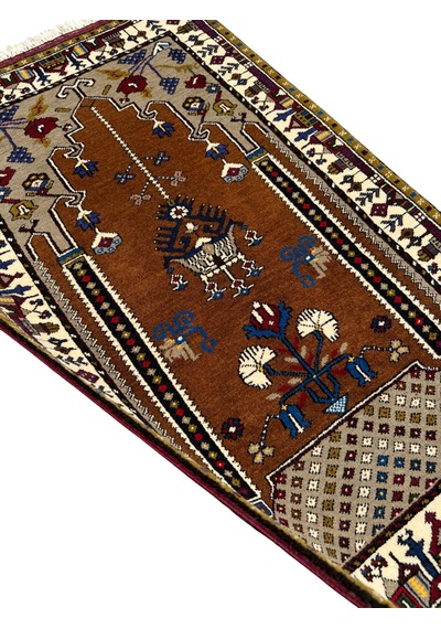 El Dokuması Sıfır Yahyalı Seccade 85x140 Kahverengi Beyaz Kök Boya %100 Yün Açık Kahverengi