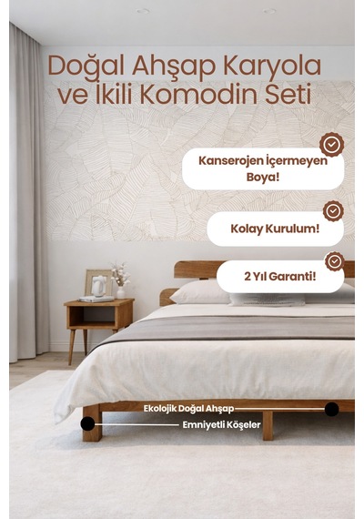 Renazzo Lotus New Masif Ahşap Karyola Ve 2 Adet Komodin Ceviz 140x200 Ceviz - 140 X 200